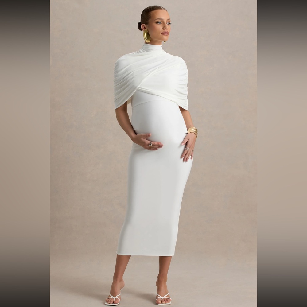 Club L London Augustina | White Maternity Midi Dress
With Cape